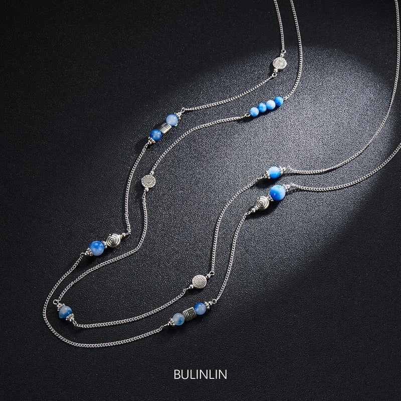 BULINLIN Layered Silver Long Necklace for Women Turquoise Stone Beaded Strand Sweater Chain Necklaces Fashion Costume Jewelry Gifts for Mom - Image 1